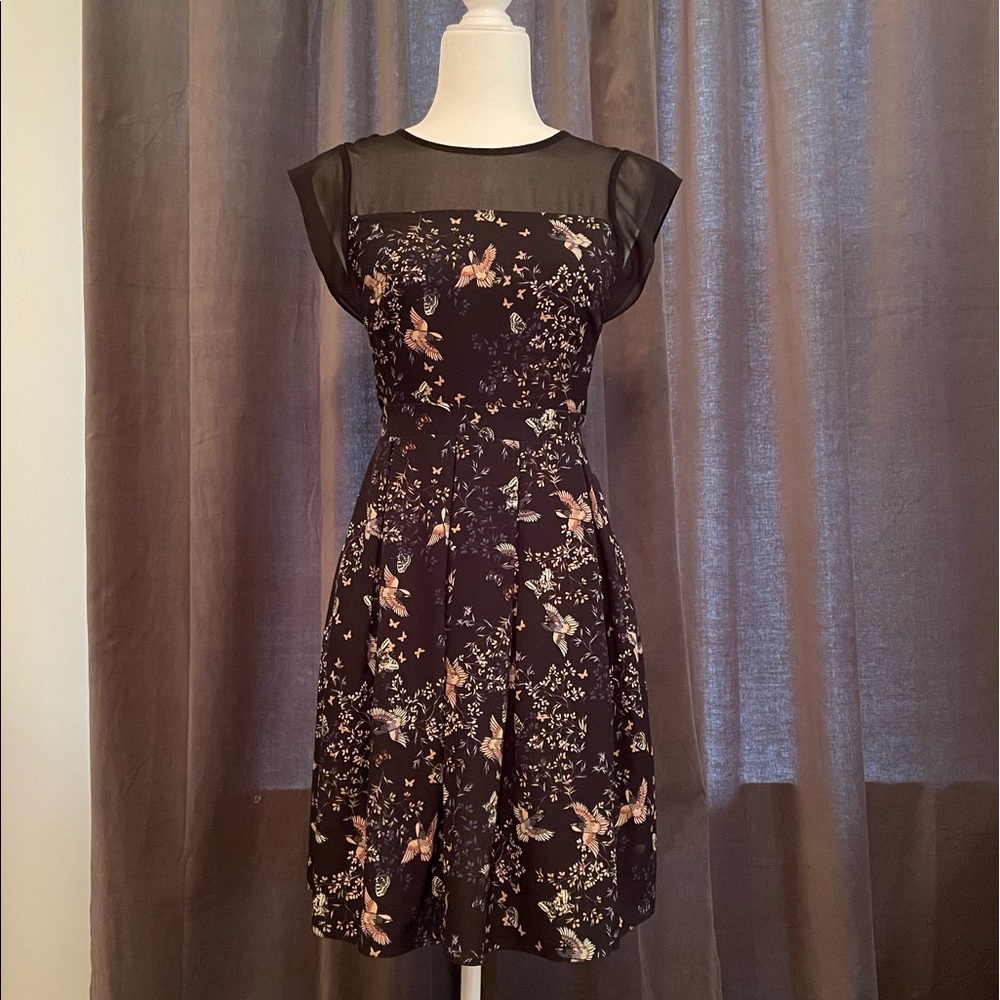 Dorothy Perkins Feminine Floral Bird Dress with Mesh Flutter Sleeves